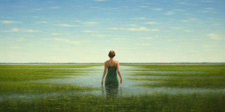 Young woman in green dress standing in the water and looking at the skyの素材