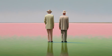 Rear view of two senior men standing in pink salt lake.の素材
