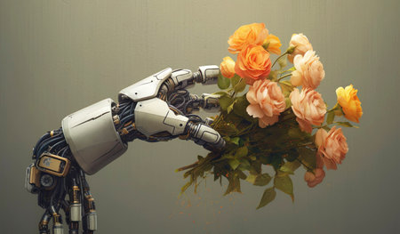 Robot hand holding artificial flower bouquet. Artificial intelligence concept.の素材