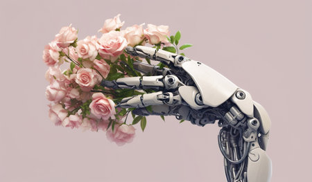 Robot hand holding a bouquet of pink roses on pink backgroundの素材