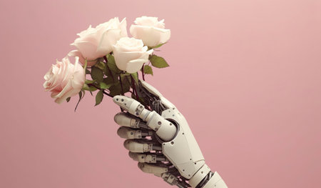 Robot hand holding white and pink roses on pink background. 3d renderingの素材