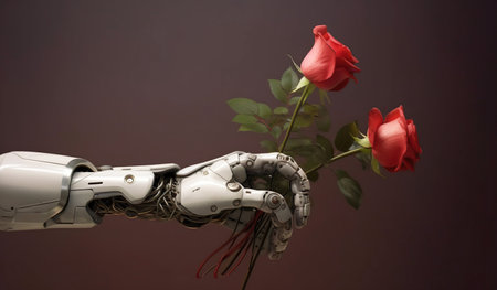 Robot hand holding a red rose on a dark background, artificial intelligence conceptの素材