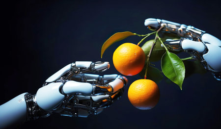 Artificial intelligence robot hand holding tangerines on black background.の素材