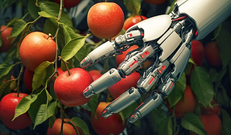 3d rendering robot hand holding red apple on tree branch in gardenの素材
