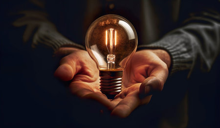 Close up of male hands holding light bulb. Business and innovation conceptの素材