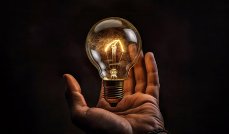 Hand holding a glowing light bulb on a dark background with copy spaceの素材