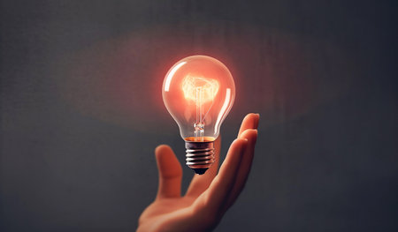 Close up of human hand holding lightbulb with glowing idea signの素材