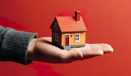 House model in human hand on a red background. Real estate conceptの素材