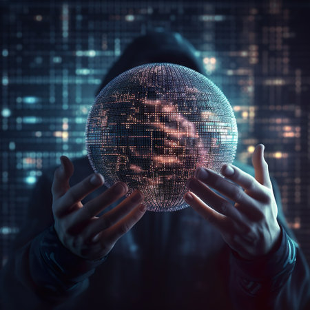 Close up of hacker holding glowing globe on dark background. Global network concept. Double exposureの素材
