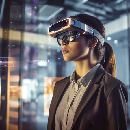 Young businesswoman wearing virtual reality glasses. Future technology concept. 3D Renderingの素材