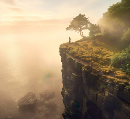 Woman standing on the edge of a cliff with a misty morningの素材