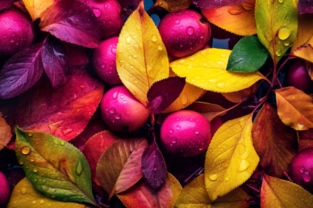 Colorful autumn leaves and water drops background. Top view, copy spaceの素材
