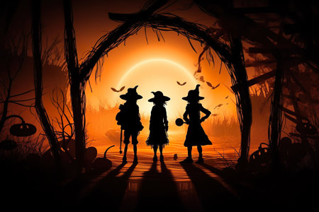 Silhouette of witch and pumpkins on Halloween background. 3d renderingの素材