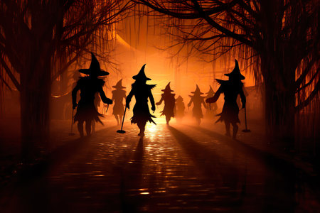 Silhouette of a group of witches walking in a foggy forestの素材