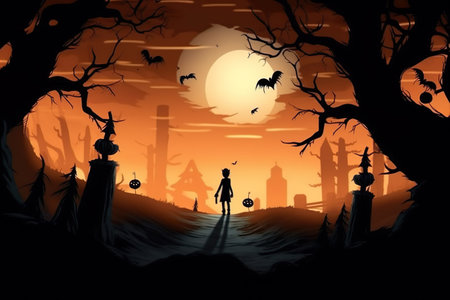 Halloween night background with full moon and haunted house. Vector illustration.の素材