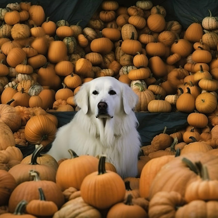 White Swiss Shepherd Dog in front of a pile of pumpkins.の素材