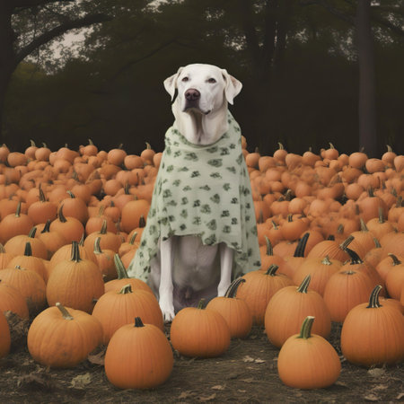 Cute white labrador retriever dog in a green scarf on a background of pumpkinsの素材