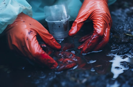 Hands of a scientist working in a laboratory, examining blood samples.の素材