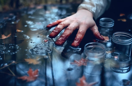 Hands in gloves are collecting water from a puddle in the forest.の素材