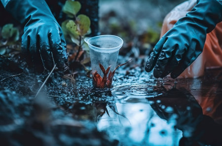 Hands in gloves are collecting water from a puddle in the forest.の素材