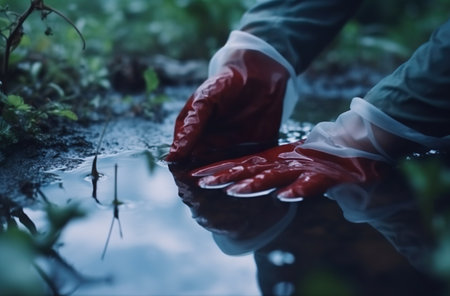 A man in a red rubber glove pours water into a puddle.の素材
