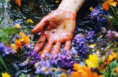 Hands of a child bathed in spring water with flowers.の素材