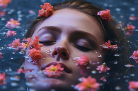 beautiful young woman lying in water with flower petals and closed eyesの素材