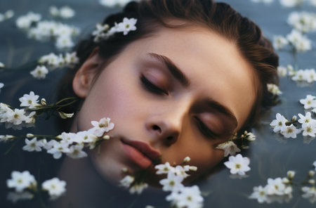 beautiful young woman lying in water with white flowers and closed eyesの素材