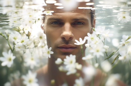 Portrait of handsome young man with white flowers reflected in water.