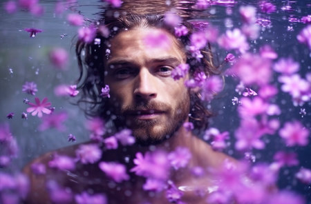 Handsome man in the lake of purple flowers. Natural background.の素材