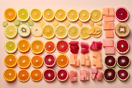 Slices of different citrus fruit on pink background, top viewの素材