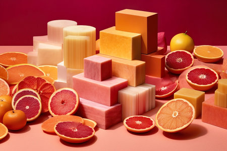 Variety of citrus fruit and soap bars on a pink background.の素材