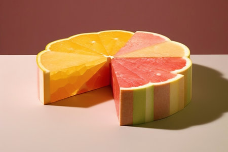 Grapefruit and orange slices on a white and red background.の素材