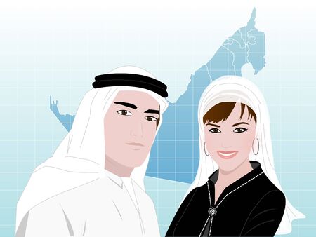 Middle East Business - A young Arab man and a woman wearing traditional Arabic clothes standing smiling on a background of UAE map.のイラスト素材