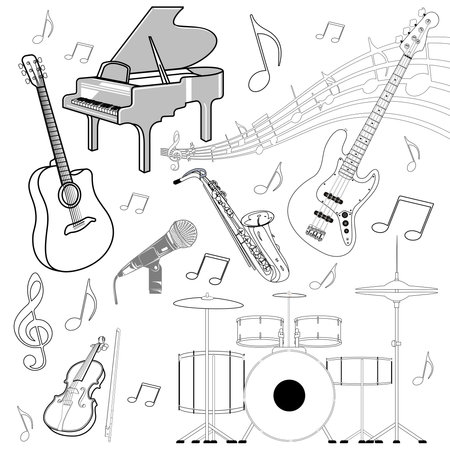 Set of musical instruments. Black and white vector illustration for coloring book.のイラスト素材