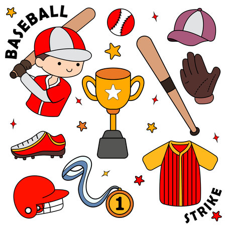 Doodle vector set with colored  baseball player and equipmentのイラスト素材