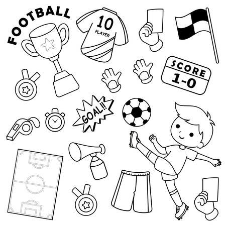Doodle vector set with line art soccer players and equipmentのイラスト素材