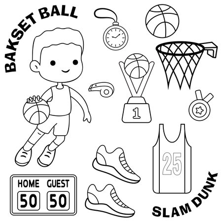 Doodle vector set with line art basket ball player and equipmentのイラスト素材