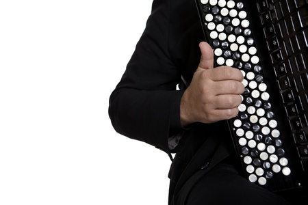 Accordion Player in front of white background