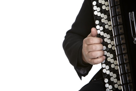 Accordion Player in front of white background