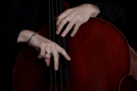 Contrabass player in front of black backgroundの写真素材