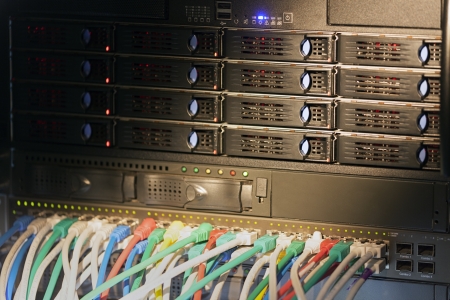 Network hub and server rack with connection cables with stripe light