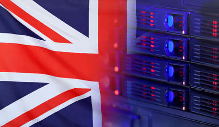 Technology concept consisting of server hardware merging with the Flag of Great Britain for use as...