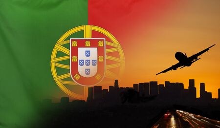 Travel and transport concept with skyline silhouette, highway traffic and airplane at sunset merged with real fabric flag of Portugal
