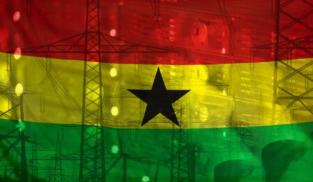 Concept Technology Environment, Flag of Ghana merged with technology, high voltage power poles and electrical power plant cooling towersの写真素材