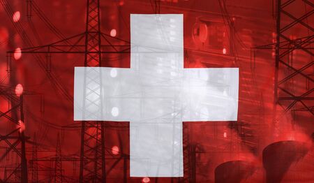 Concept Technology Environment, Flag of Switzerland merged with technology, high voltage power poles and electrical power plant cooling towersの写真素材