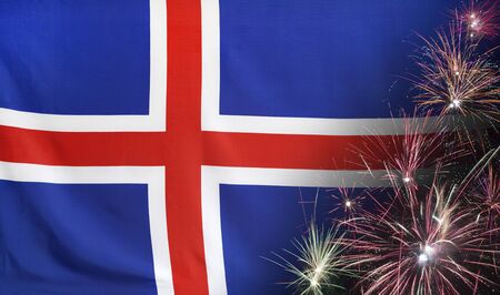 Textile flag of Iceland with firework seamless close up with wind waves in the real fabricの写真素材