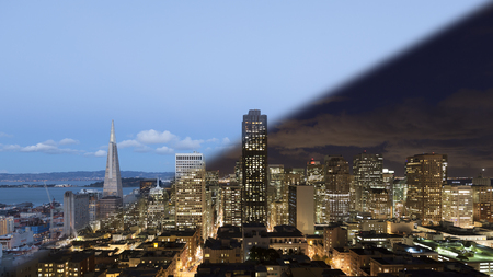San Francisco skyline twilight transition after sunset with illuminated skyscrapers
