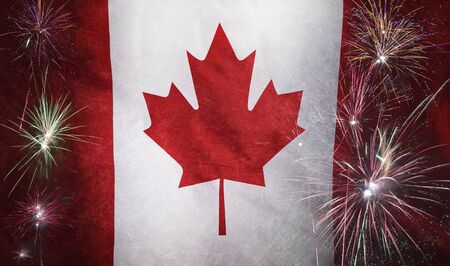 Textile flag of Canada with firework grunge concept seamless close up with wind waves in the real fabricの写真素材