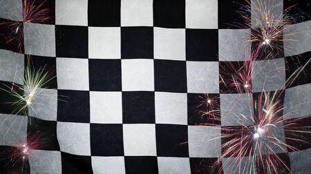 Textile Finish Race flag with firework grunge concept seamless close up with wind waves in the real fabricの写真素材